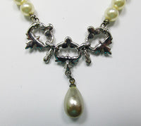 Deltah Vintage 1940s Elegant Pearl and Rhinestone Drop Necklace - Thumbnail