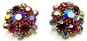 Vintage Jewelry 1950s Mid-Century Ruby Diamante Floral Button Earrings - Front