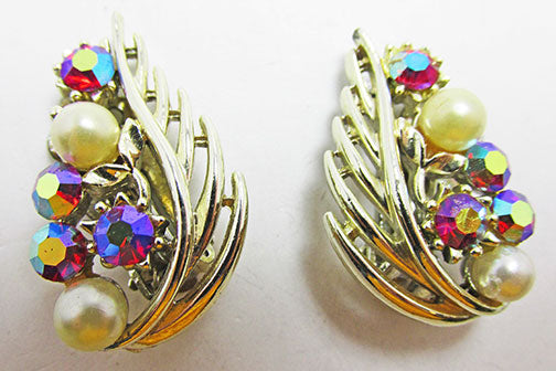 Lisner Vintage Distinctive 1950s Aurora Borealis and Pearl Earrings