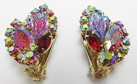 Vintage 1950s Distinctive Aurora Borealis Rhinestone Button Earrings - Thumbnail
