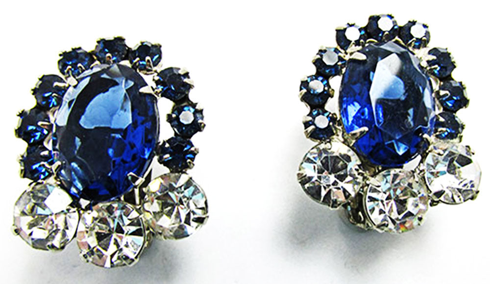 Vintage 1950s Jewelry Bold Sapphire Diamante Statement Earrings - Front