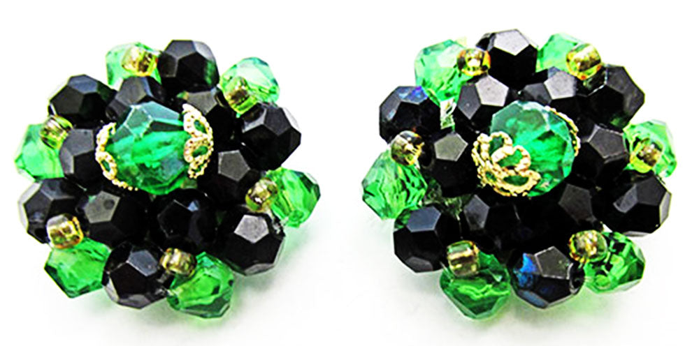 W. Germany 1950s Vintage Jewelry Green and Black Crystal Bead Earrings - Front