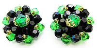 W. Germany 1950s Vintage Jewelry Green and Black Crystal Bead Earrings - Front - Thumbnail