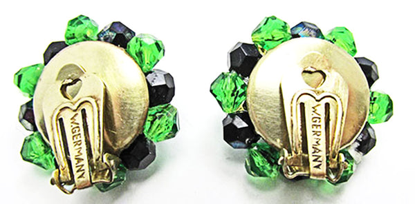 W. Germany 1950s Vintage Jewelry Green and Black Crystal Bead Earrings - Back