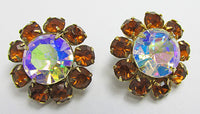 Vintage Mid Century 1950s Dazzling Rhinestone Floral Button Earrings - Thumbnail
