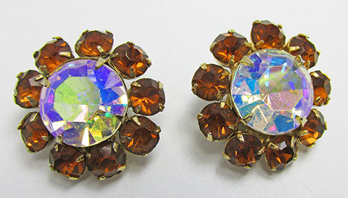 Vintage Mid Century 1950s Dazzling Rhinestone Floral Button Earrings