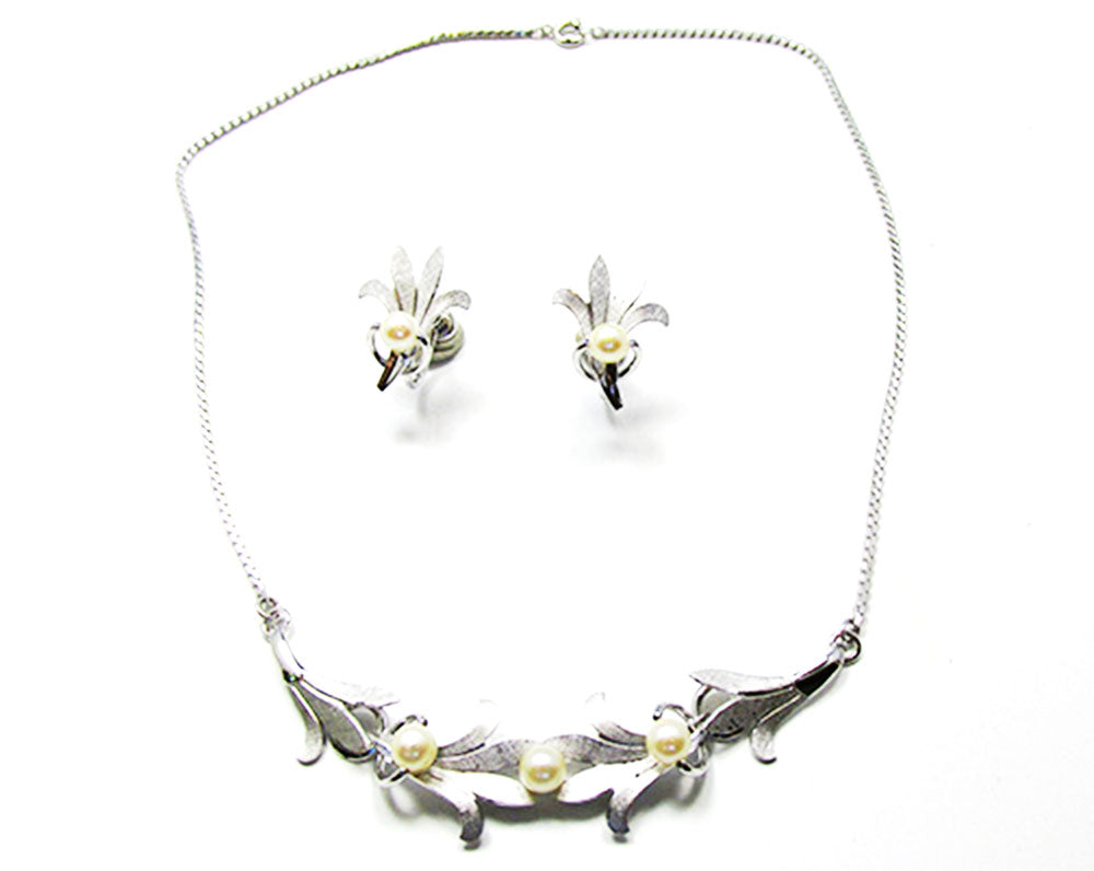Van Dell 1940s Vintage Pearl and Sterling Necklace and Earrings Set