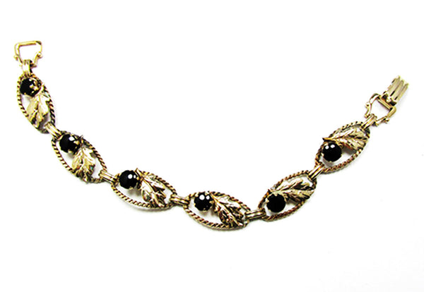 AMCO 1940s Vintage Jewelry Gorgeous Gold Filled Onyx Leaf Bracelet - Front