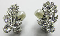 Vintage1960s Adorable Rhinestone and Pearl Floral Button Earrings - Thumbnail