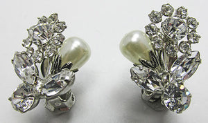 Vintage1960s Adorable Rhinestone and Pearl Floral Button Earrings
