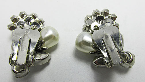 Vintage1960s Adorable Rhinestone and Pearl Floral Button Earrings