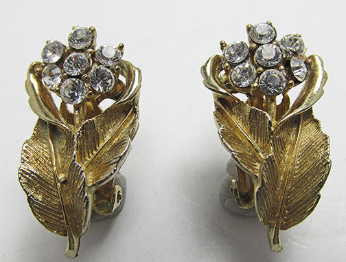 Coro Vintage 1950s Mid-Century Dainty Rhinestone Floral Spray Earrings