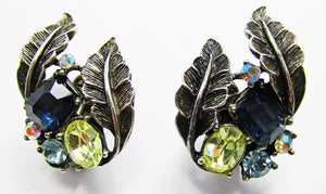 Signed 1960s Unusual Coro Designer Multi-Color Diamante Leaf Earrings - Front