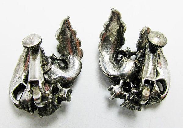 Signed 1960s Unusual Coro Designer Multi-Color Diamante Leaf Earrings - Back