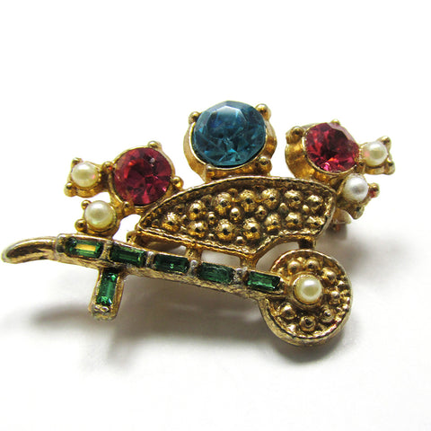 Adorable Vintage 1950s Rhinestone and Pearl Wheelbarrow Pin - Front