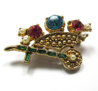Adorable Vintage 1950s Rhinestone and Pearl Wheelbarrow Pin - Front - Thumbnail