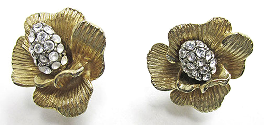 Art Vintage Jewelry, 1950s Distinctive Diamante Floral Earrings - Front