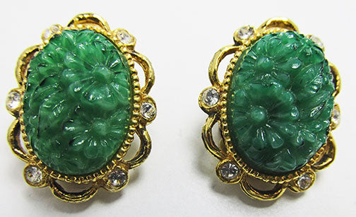 Vintage Mid Century 1950s Dainty Jade Peking Glass Button Earrings
