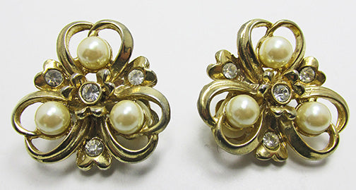 Vintage Unique Mid-Century Triple Heart Pearl and Rhinestone Earrings
