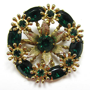 Vintage Jewelry 1950s Mid-Century Emerald Diamante Floral Pin - Front