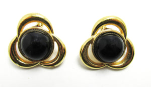 1970s Vintage Monet Designer Black Cabochon Earrings - Front