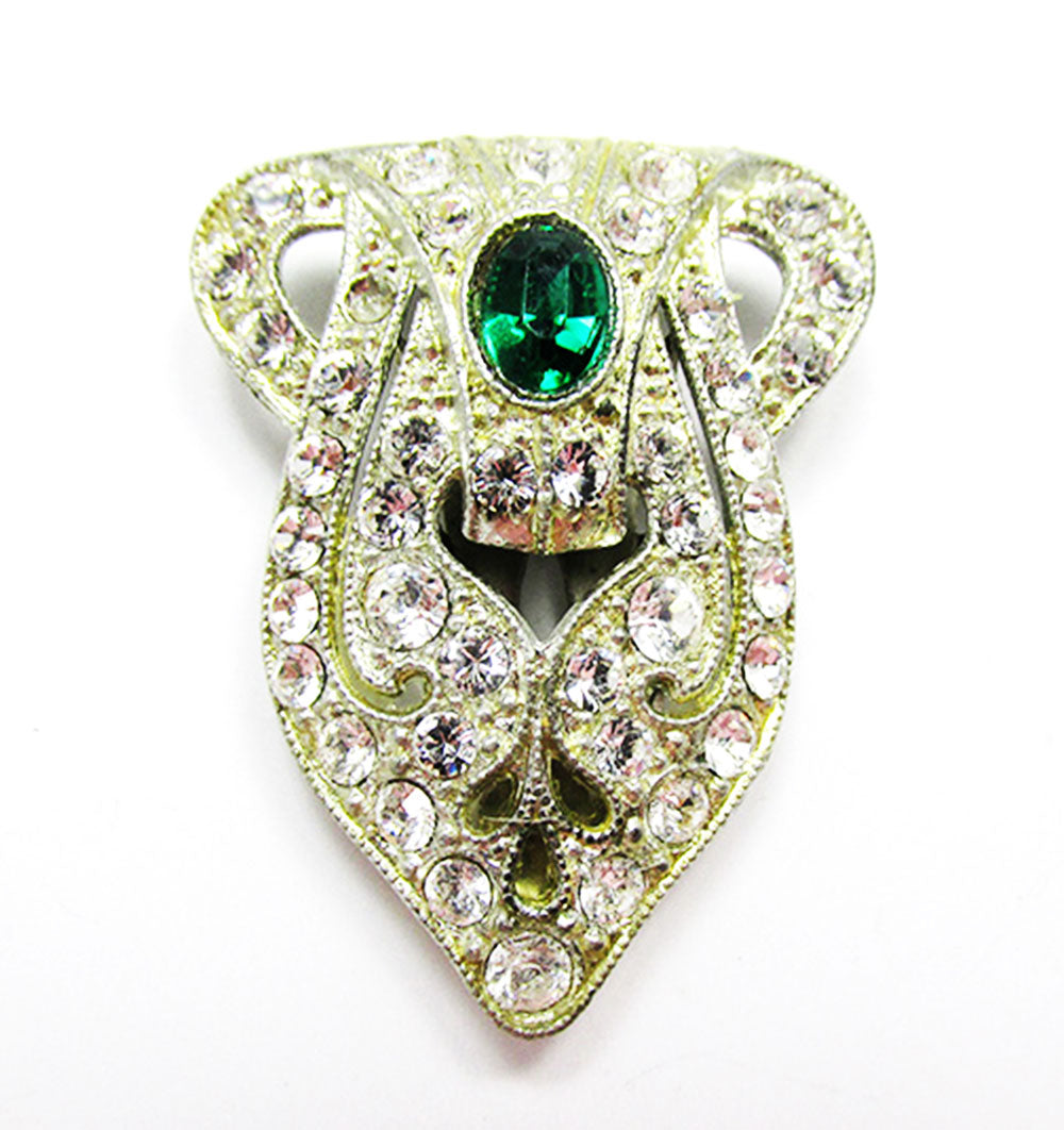 Vintage 1930s Jewelry Distinctive Emerald Diamante Art Deco Dress Clip - Front