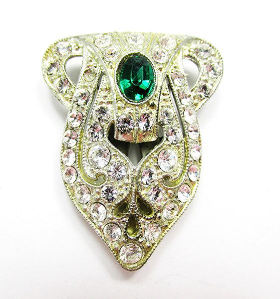 Vintage 1930s Jewelry Distinctive Emerald Diamante Art Deco Dress Clip - Front