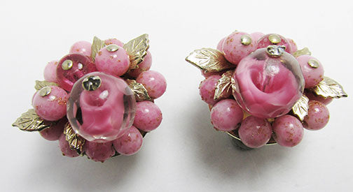 Vintage Mid Century Outstanding Art Glass Floral Button Earrings