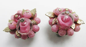 Vintage Mid Century Outstanding Art Glass Floral Button Earrings