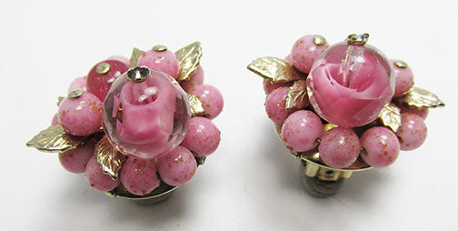 Vintage Mid Century Outstanding Art Glass Floral Button Earrings