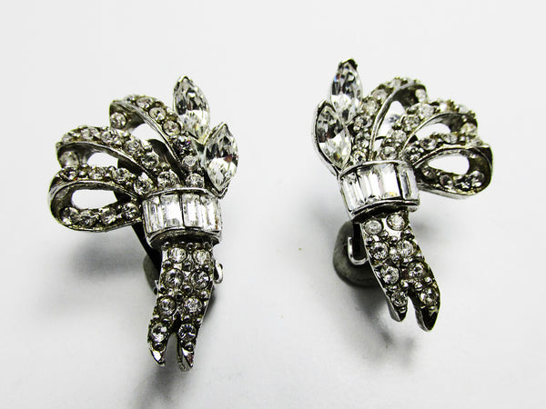 Signed Pell 1950s Designer Mid-Century Diamante Floral Earrings - Front