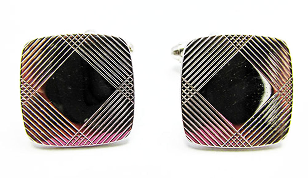 1960s Vintage Jewelry Men's Retro Silver Engraved Square Cufflinks - Front