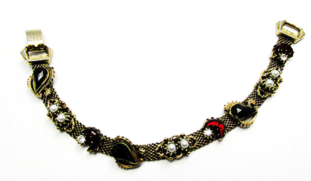 Vintage 1940s Jewelry Striking Diamante and Pearl Mesh Bracelet - Front
