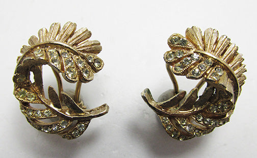 Delicate Vintage 1960s Retro Rhinestone Fern Leaf Button Earrings 