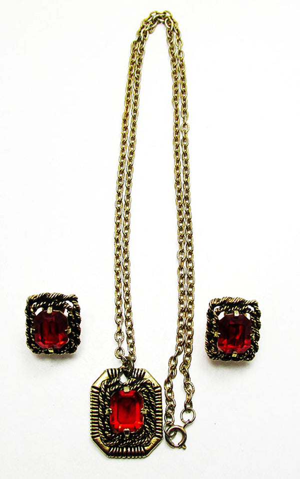 Sarah Coventry 1960s Vintage Ruby-Red Rhinestone Pendant and Earrings - Front