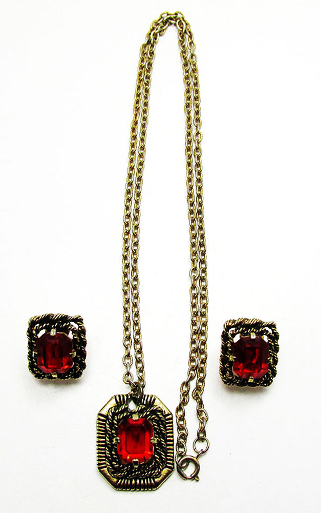 Sarah Coventry 1960s Vintage Ruby Diamante Pendant and Earrings Set - Front