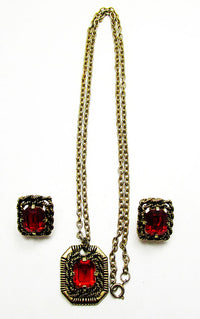 Sarah Coventry 1960s Vintage Ruby-Red Rhinestone Pendant and Earrings - Front - Thumbnail
