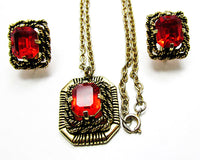 Sarah Coventry 1960s Vintage Ruby-Red Rhinestone Pendant and Earrings - Close Up - Thumbnail