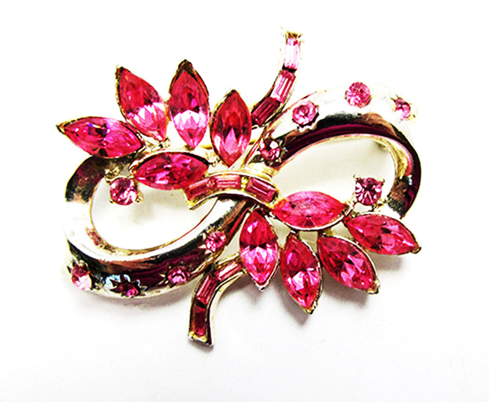 Vintage 1950s Jewelry Gorgeous Pink Diamante Floral Ribbon Pin - Front