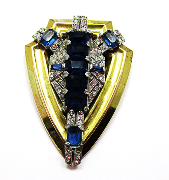 McClelland Barclay 1930s Vintage Art Deco Sapphire Diamante Fur Clip - Front