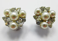 Lisner Vintage Exquisite 1950s Rhinestone and Pearl Floral Earrings - Thumbnail