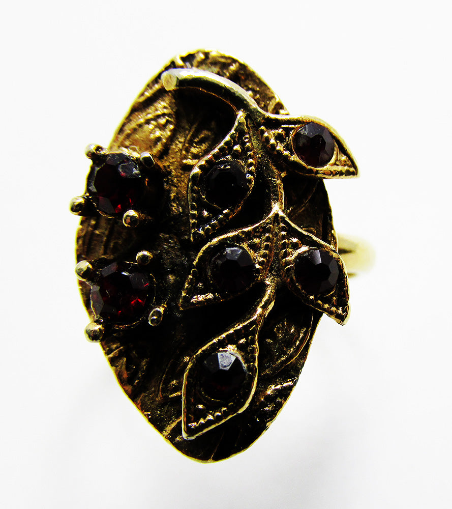 Signed Vogue 1950s Designer Red Diamante Floral Fashion Ring - Front
