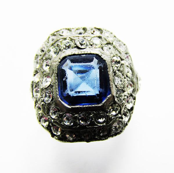 Rare 1930s Art Deco Style Blue and Clear Diamante Pot Metal Ring - Front