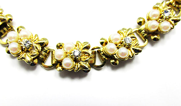 Vintage 1950s Jewelry Dainty Mid-Century Pearl and Diamante Bracelet - Close Up