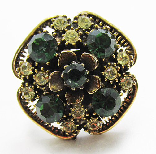 Rare Florenza Vintage 1950s Peridot and Citrine Rhinestone Ring - Front
