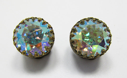 Made in Austria Vintage Mid Century Aurora Borealis Button Earrings