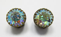 Made in Austria Vintage Mid Century Aurora Borealis Button Earrings - Thumbnail