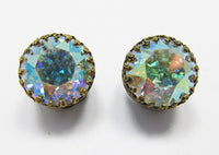 Made in Austria Vintage Mid Century Aurora Borealis Button Earrings - Thumbnail