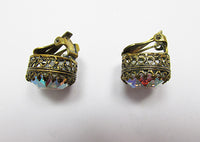 Made in Austria Vintage Mid Century Aurora Borealis Button Earrings - Thumbnail