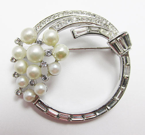 Crown Trifari Vintage Mid Century Rhinestone and Pearl Floral Pin